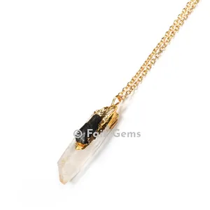 Crystal Quartz with Black Tourmaline Electroplated Pendants