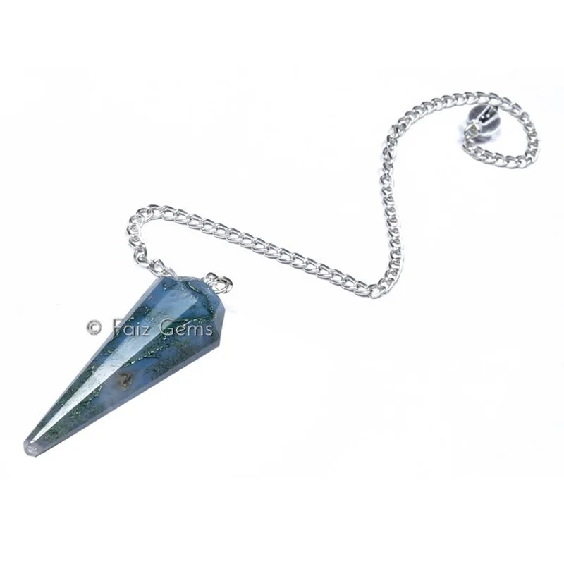 Moss Agate 12 Faceted Gemstone Pendulum