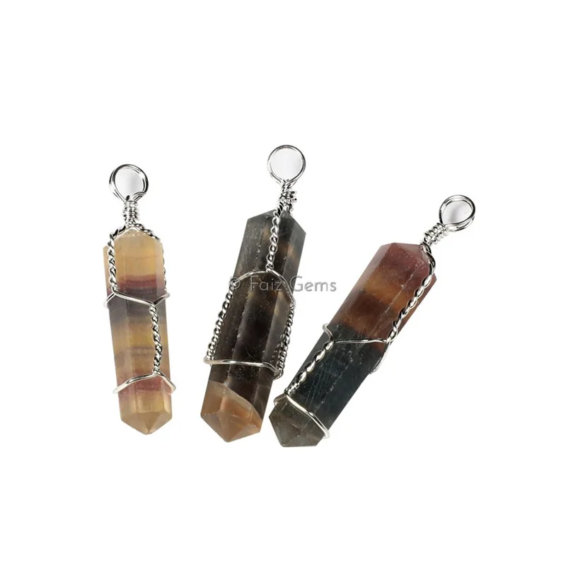 Multi Fluorite Double Terminated Wire Wrap Pencil Pendants
