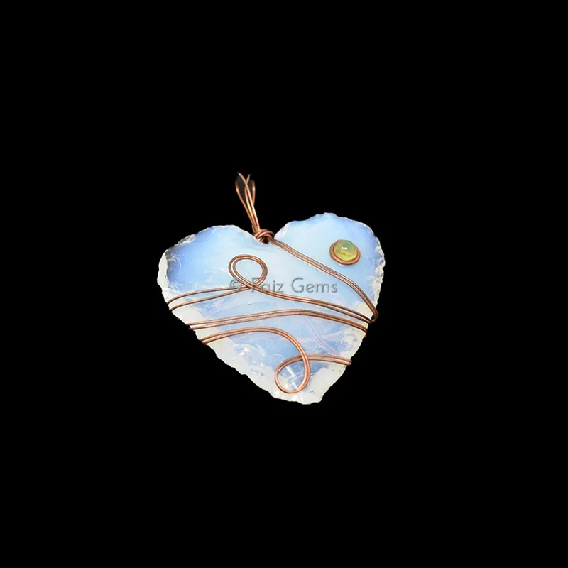 Opalite Heart Bronze Wire Wrap Pendant