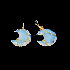 Opalite Moon Golden Wire Wrap Pendant