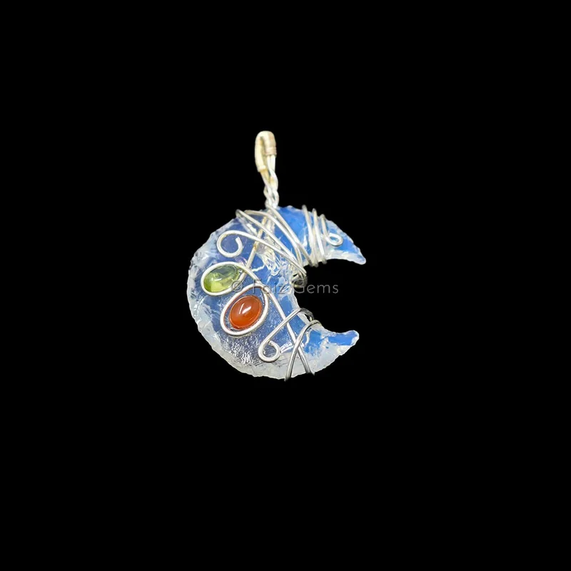 Opalite Moon Silver Wire Wraped Pendant
