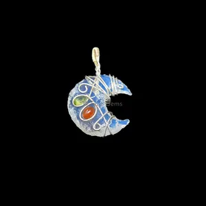 Opalite Moon Silver Wire Wraped Pendant