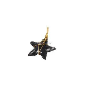 Black Obsidian Star Golden Wire Wrap Pendant
