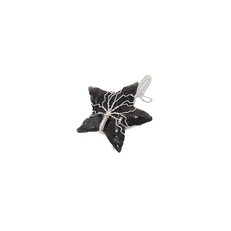 Black Obsidian Star Silver Tree Wire Wrap Pendant