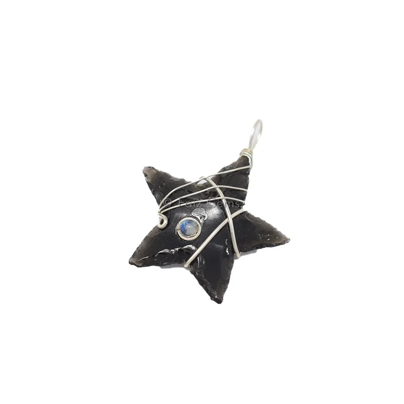 Black Obsidian Star Silver Wire Wrap Pendant