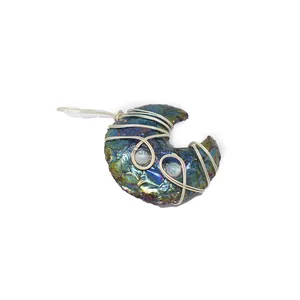 Rainbow Titanium Moon Golden Wire Wrap Pendant
