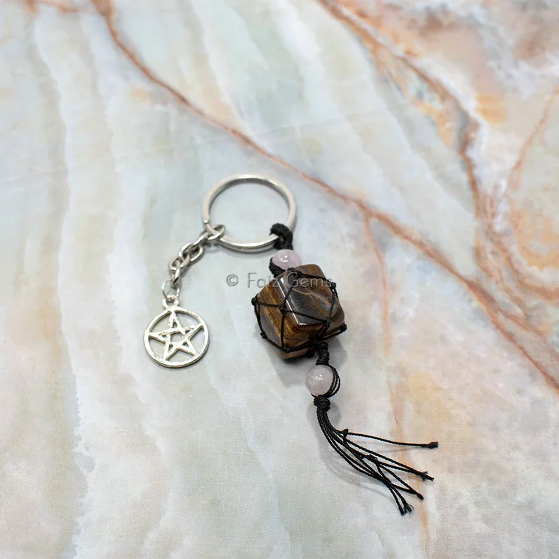 Tiger Eye Wire Wrapped With Pentagram Keychain