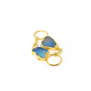 Blue Agate Onyx Keychain Gold Plated