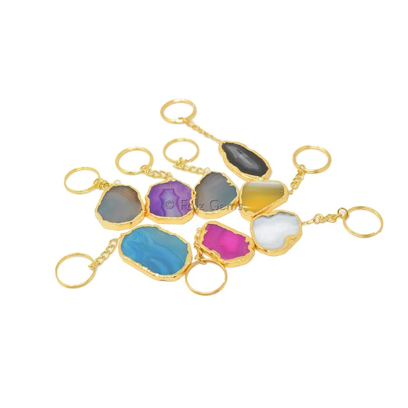Mix Agate Keychain Gold Plated