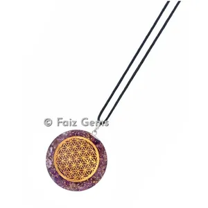 Amethyst With Flower Of Life Orgonite Disc Pendants