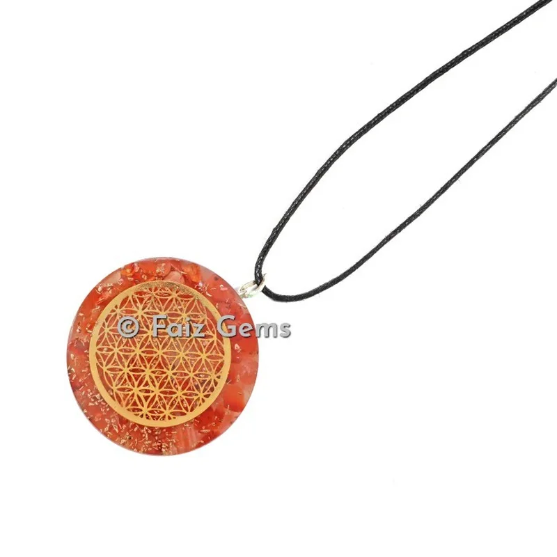 Carnelian With Flower Of Life Orgonite Disc Pendants