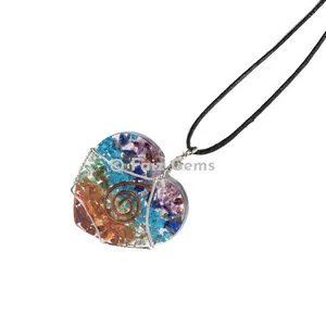 7 Chakra Wire Wrap Heart Shape Orgonite Pendants
