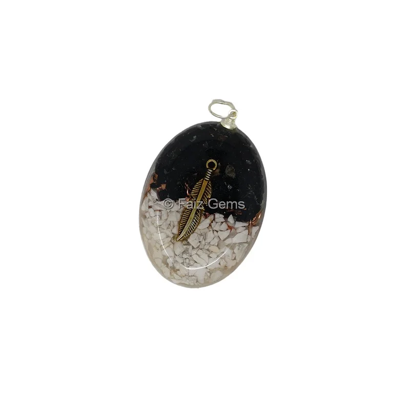 Howlite and Black Tourmaline With Sword Oval Orgone Pendant