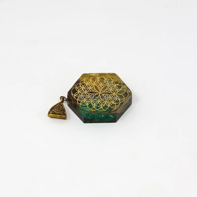 Malachite, Citrine, Pyrite and Citrine Flower of Life Orgone Pendant