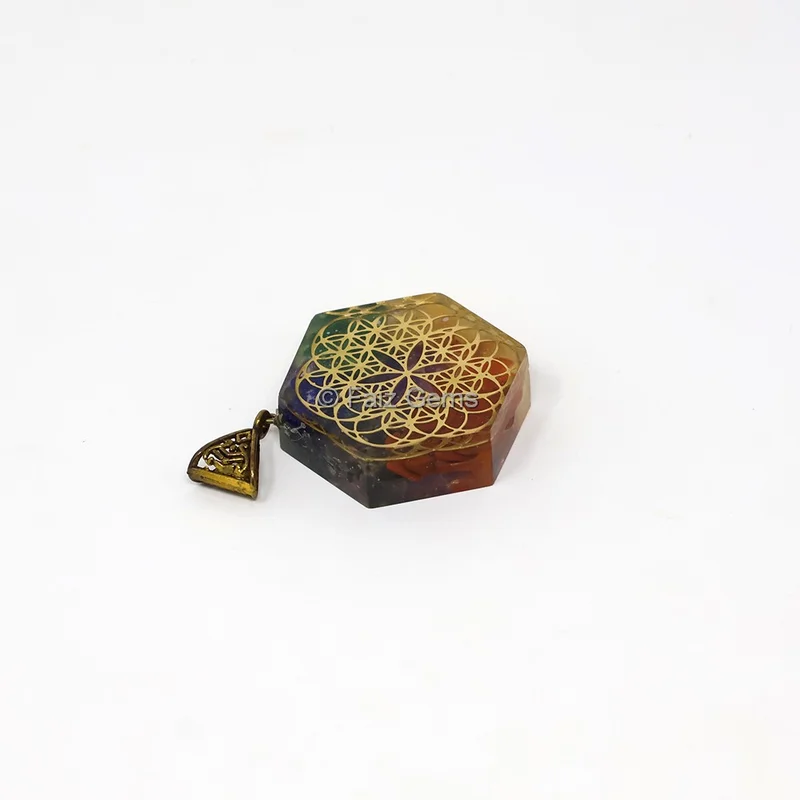 Seven Chakra with Flower of Life Hexagonal Orgone Pendant