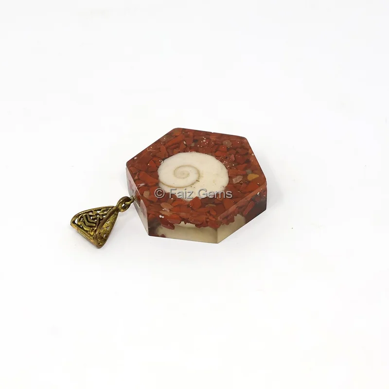 Red Jasper with Shiva Shell Hexagonal Orgone Pendant
