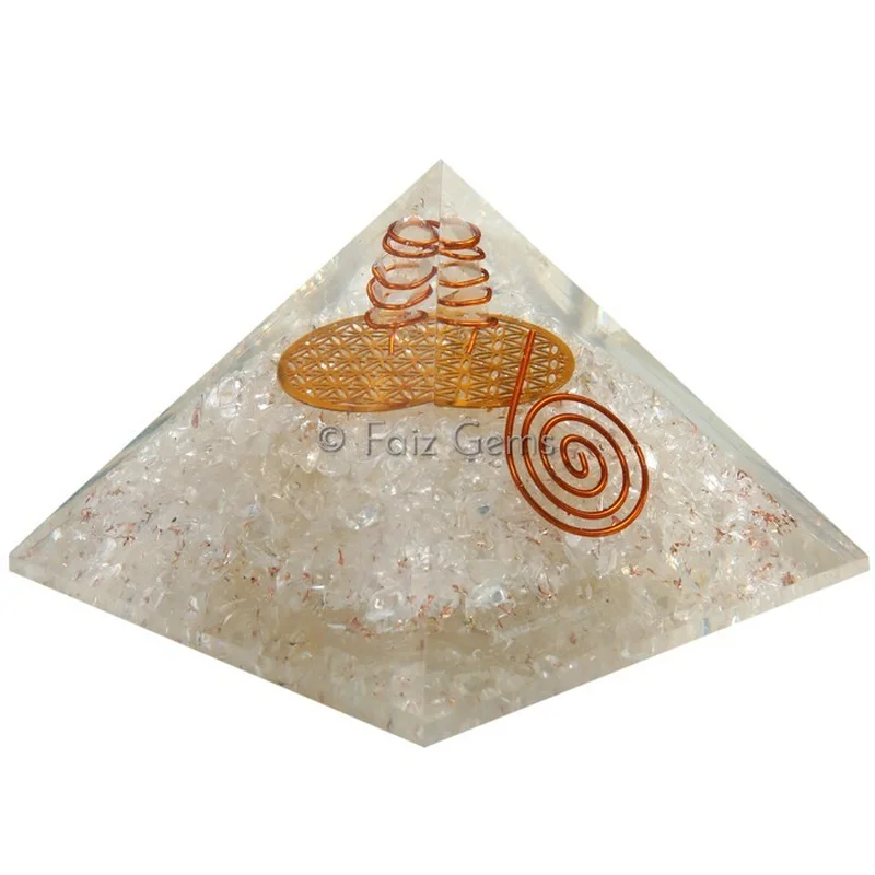 Crystal Quartz With Flower Of Life Symbol  Orgonite Pyramid