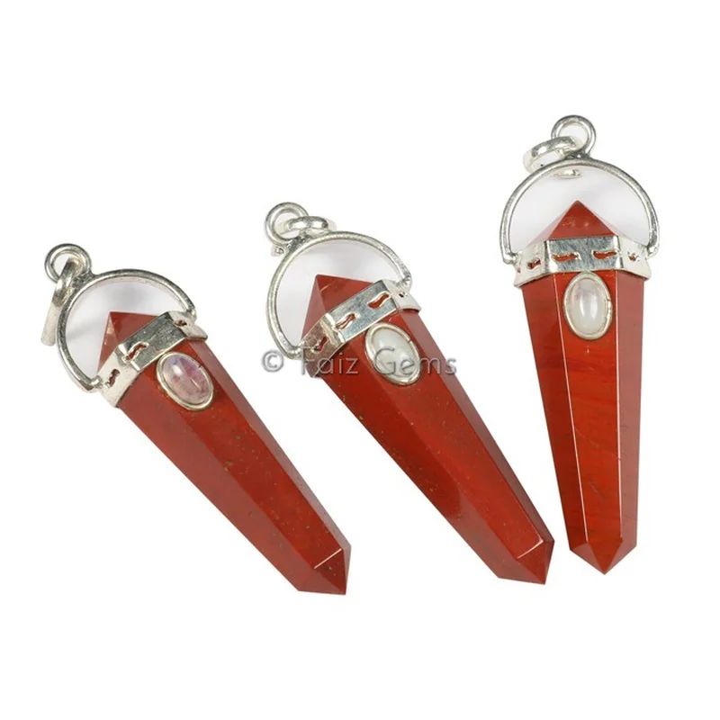 Red Jasper with Rainbow Moonstone Pencil Cap Pendants