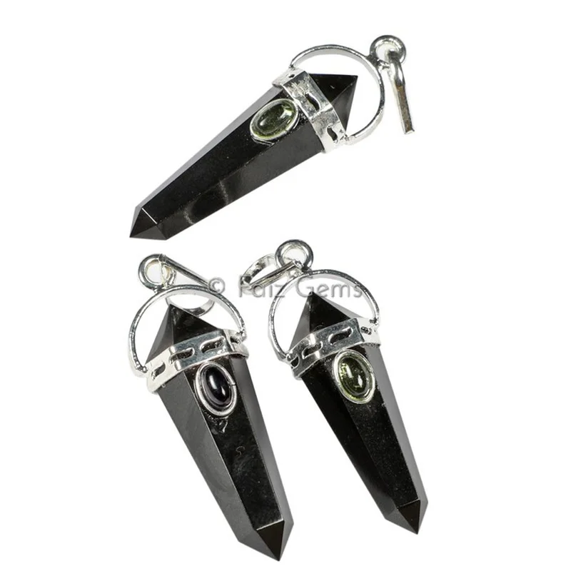 Black Tourmaline with Black Moonstone Pencil Cap Pendants