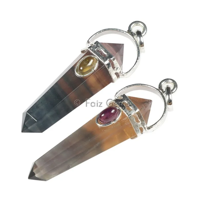 Multi Fluorite with Garnet Pencil Cap Pendants