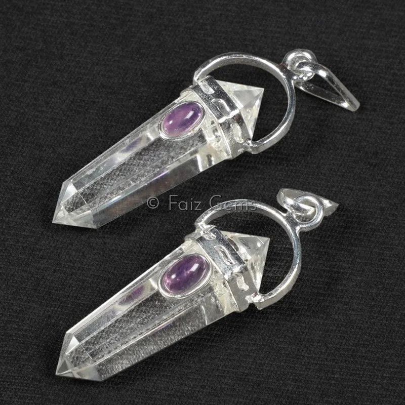 Crystal with Amethyst Pencil Cap Pendants
