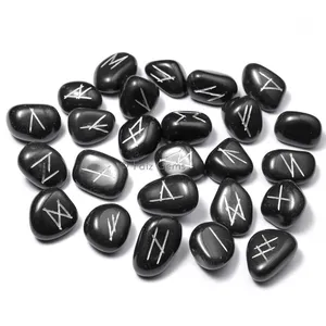 Black Agate Rune Set  Silver Carved