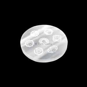 Selenite Plate With Seven Chakra Symbols Engraved