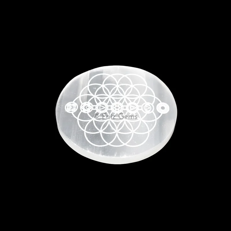 Selenite Plate With Seven Chakra Symbols Engraved
