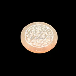 Orange Selenite Plate With Flower Of Life Engraved