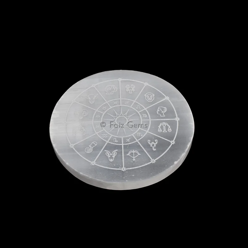 Engraved Charging Selenite Plate With Zodiac Wheel