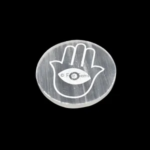 Engraved Charging Selenite Plate With Hamsa