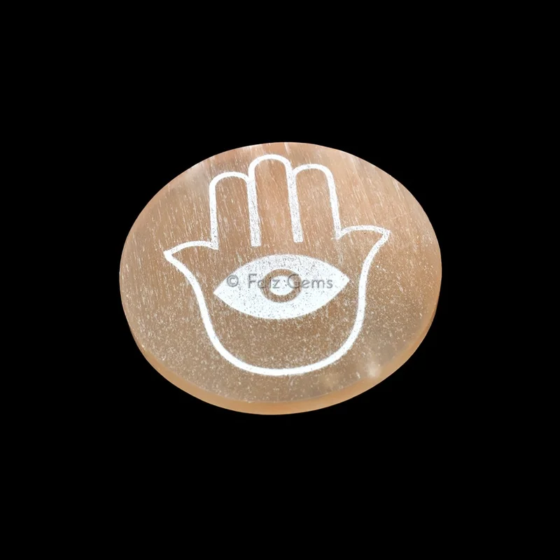 Engraved Charging Orange Selenite Plate With Hamsa