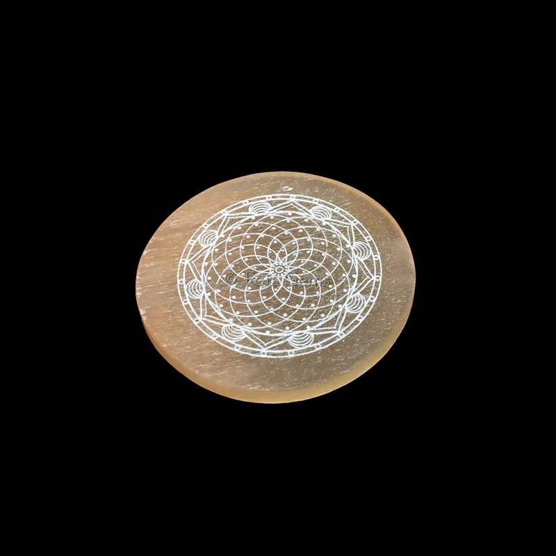 Engraved Charging Orange Charging Selenite Plate With Flower Of Life