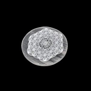 Engraved Charging Selenite Plate With Flower Of Life