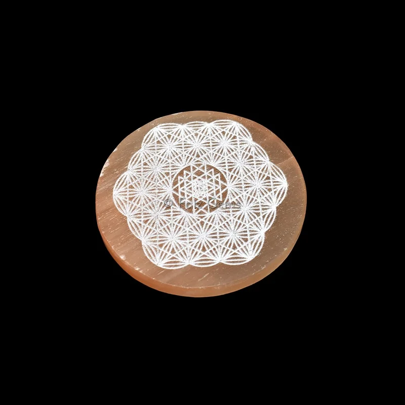 Engraved Orange Charging Selenite Plate With Flower Of Life