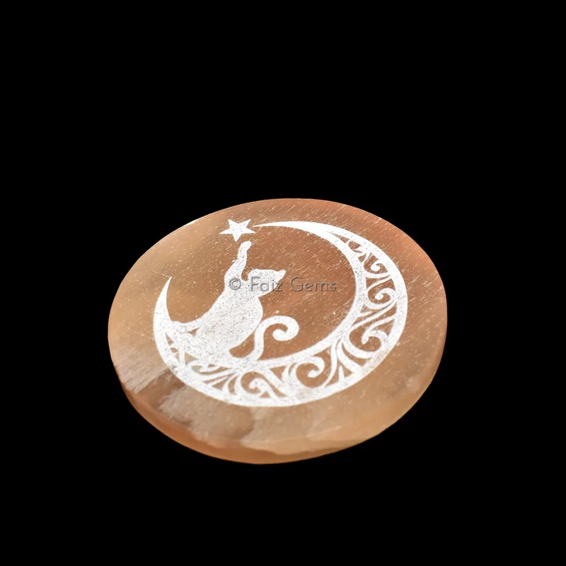Engraved Orange Charging Selenite Plate With Chasing Cat Symbol