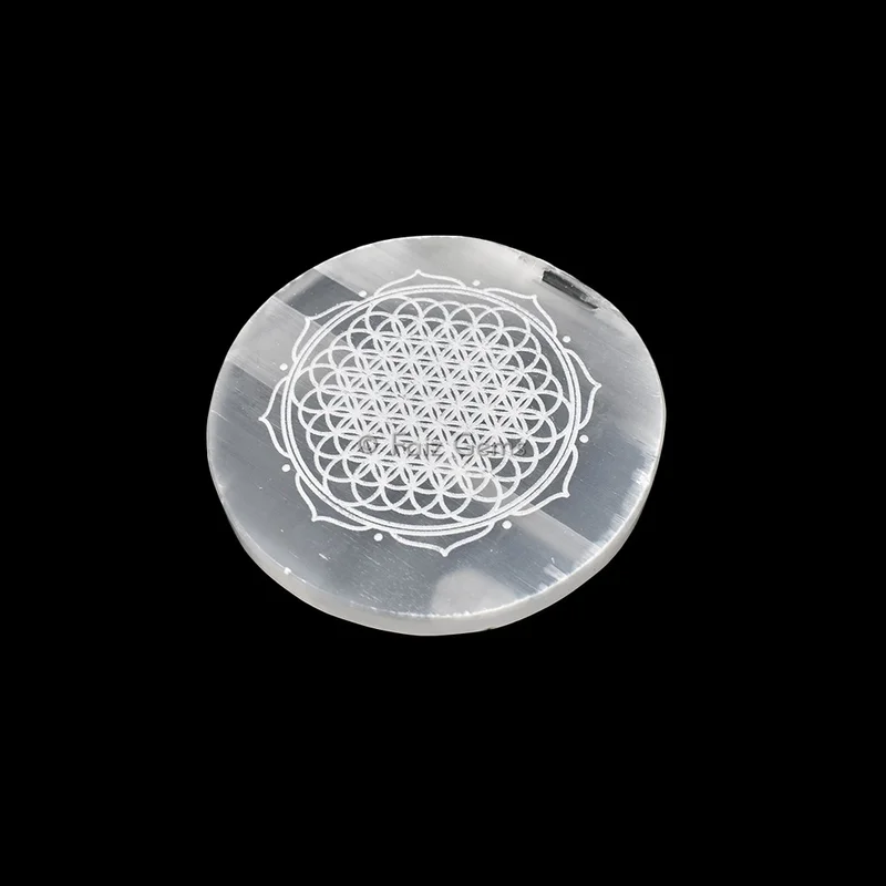 Engraved Charging Selenite Plate With Flower Of Life