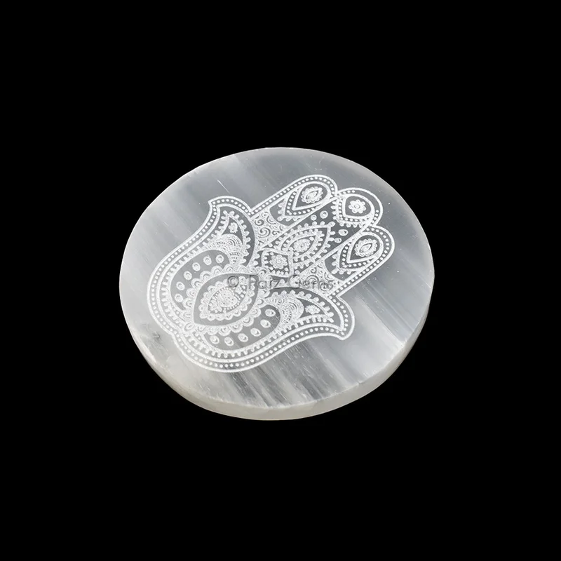 Engraved Charging Selenite Plate With Hamsa