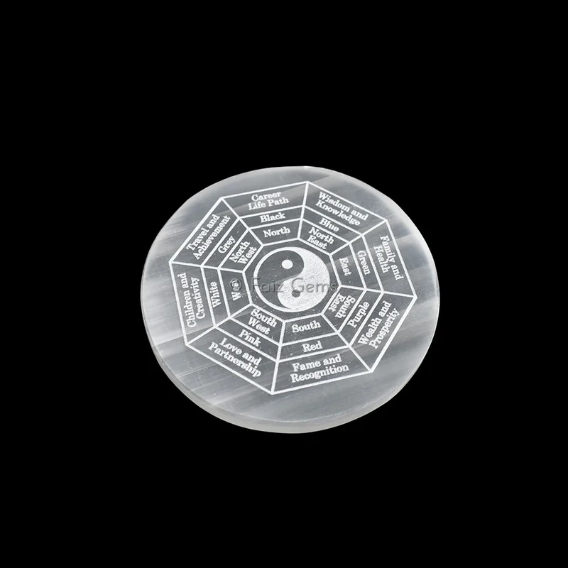 Engraved Charging Selenite Plate With Yin and Yang