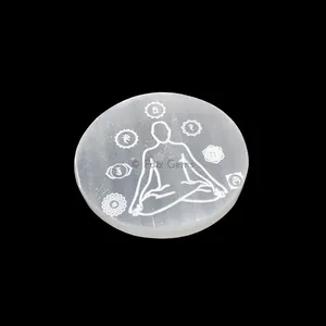 Engraved Charging Selenite Plate With Meditating Seven Chakra