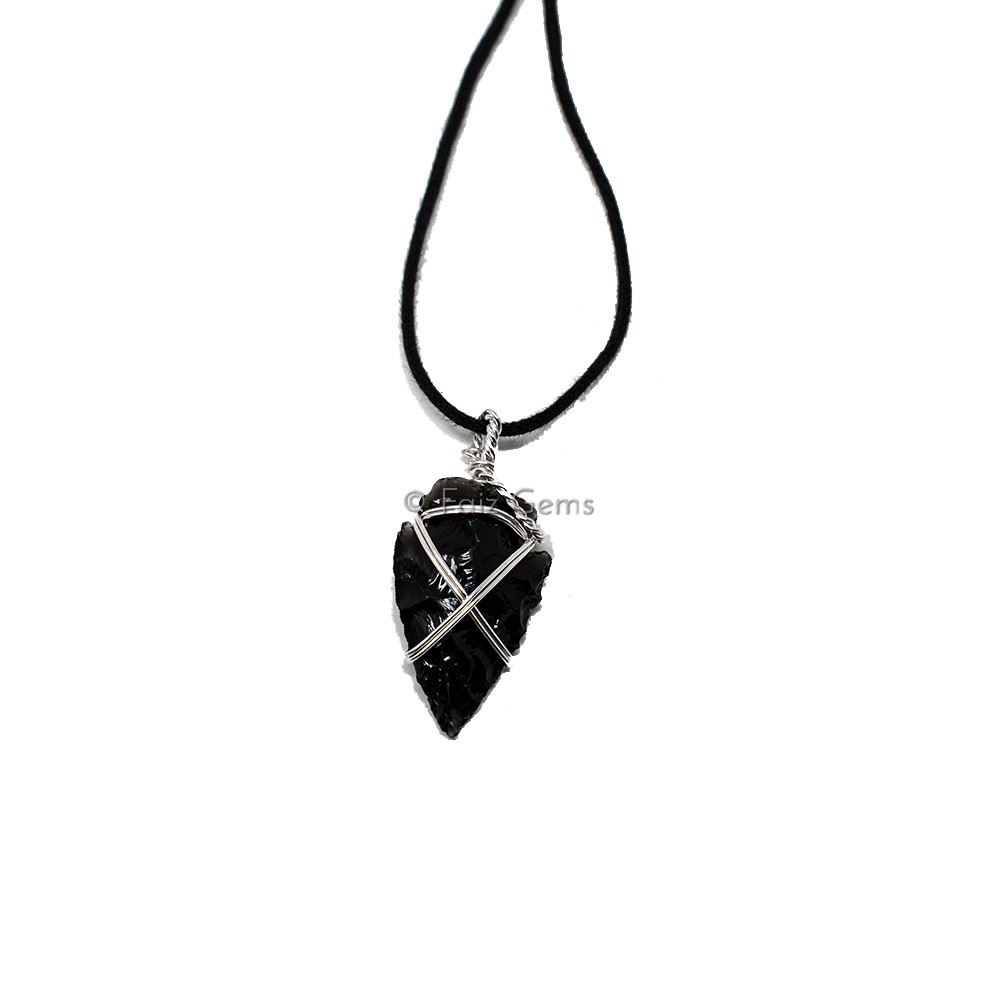 Black Obsidian Arrowhead Wire Warp Pendants