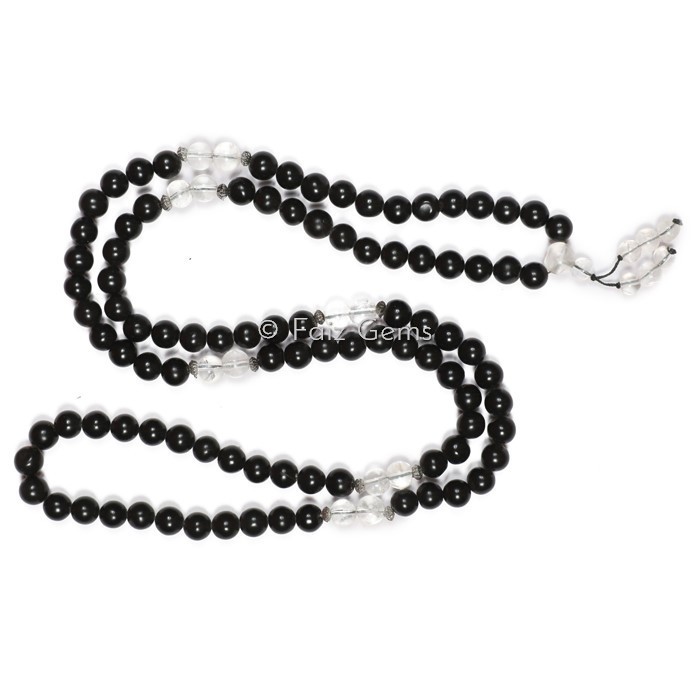 Black With Crystal Quartz Gemstone Japa Mala