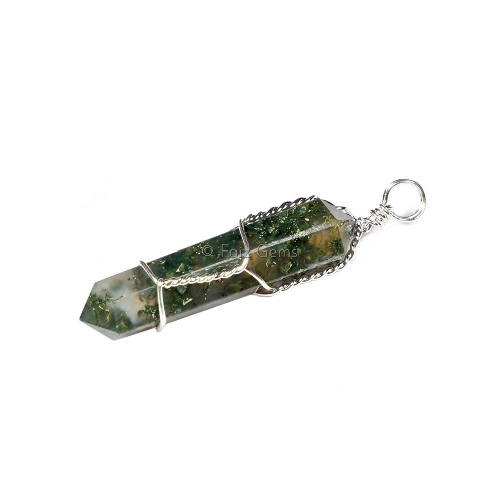 Moss Agate Terminated Wire Wrap Pencil Pendants