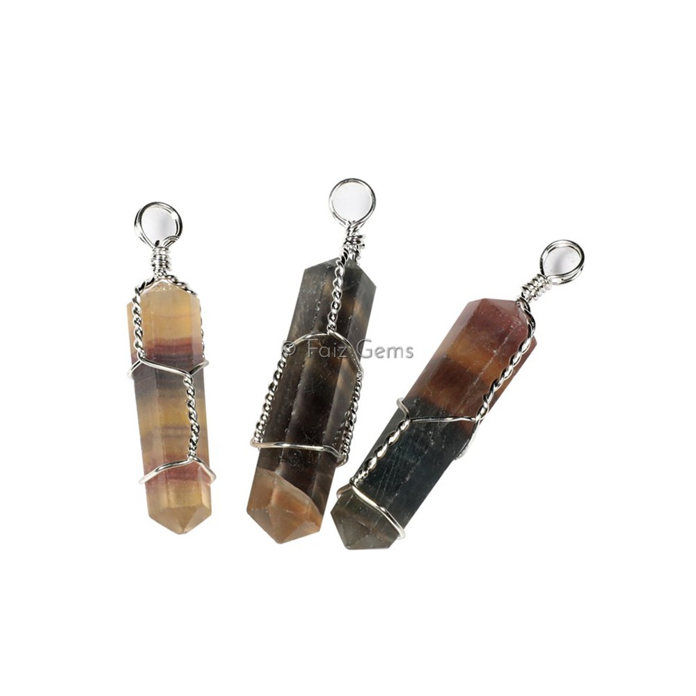 Multi Fluorite Double Terminated Wire Wrap Pencil Pendants
