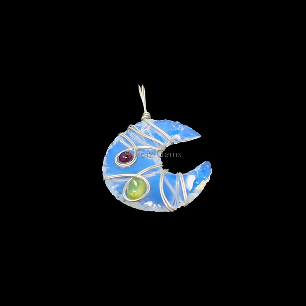 Opalite Moon Silver Wire Wraped Pendant