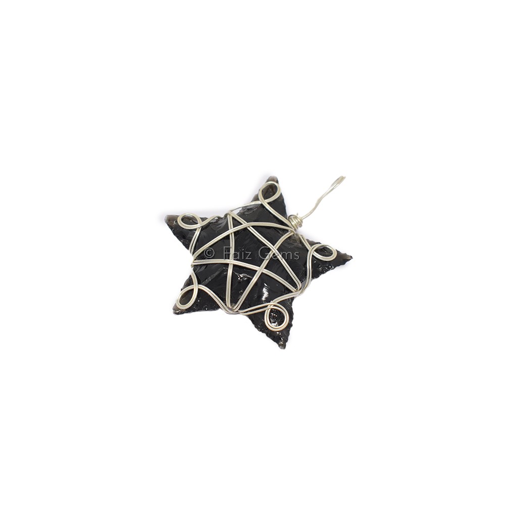 Black Obsidian Star Silver Wire Wrap Pendant