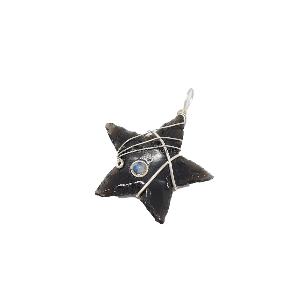 Black Obsidian Star Silver Wire Wrap Pendant