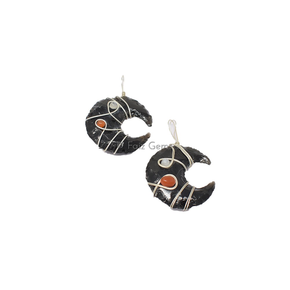 Black Obsidian Moon Silver Wire Wrap Pendant