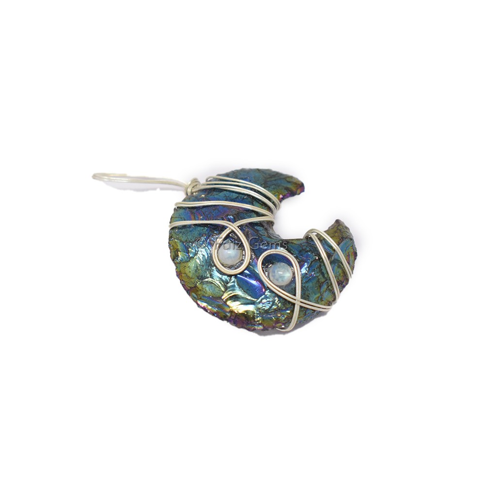 Rainbow Titanium Moon Golden Wire Wrap Pendant
